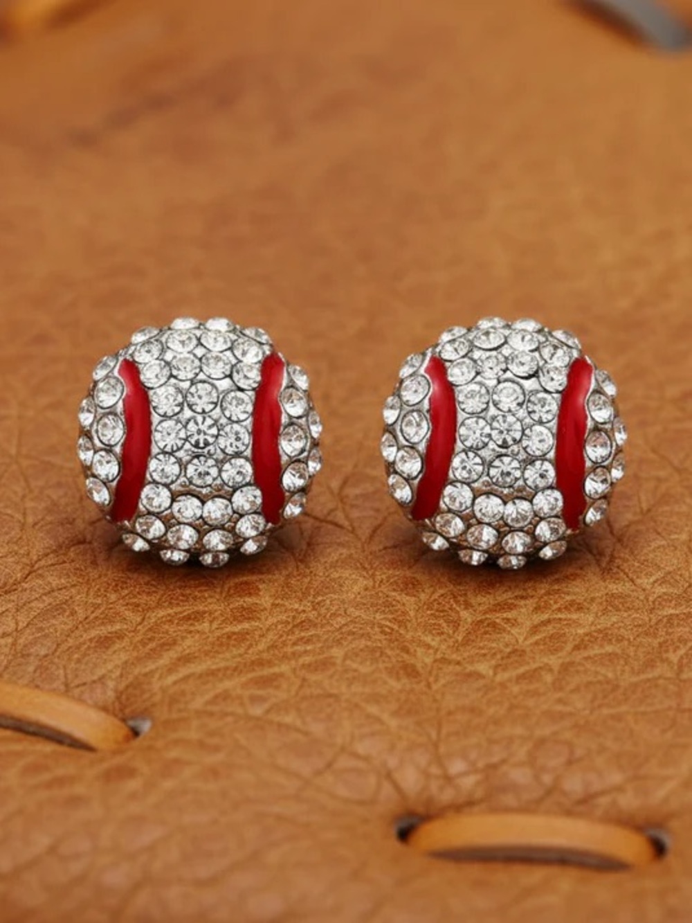 Rhinestone Baseball Stud Earrings in Red & White